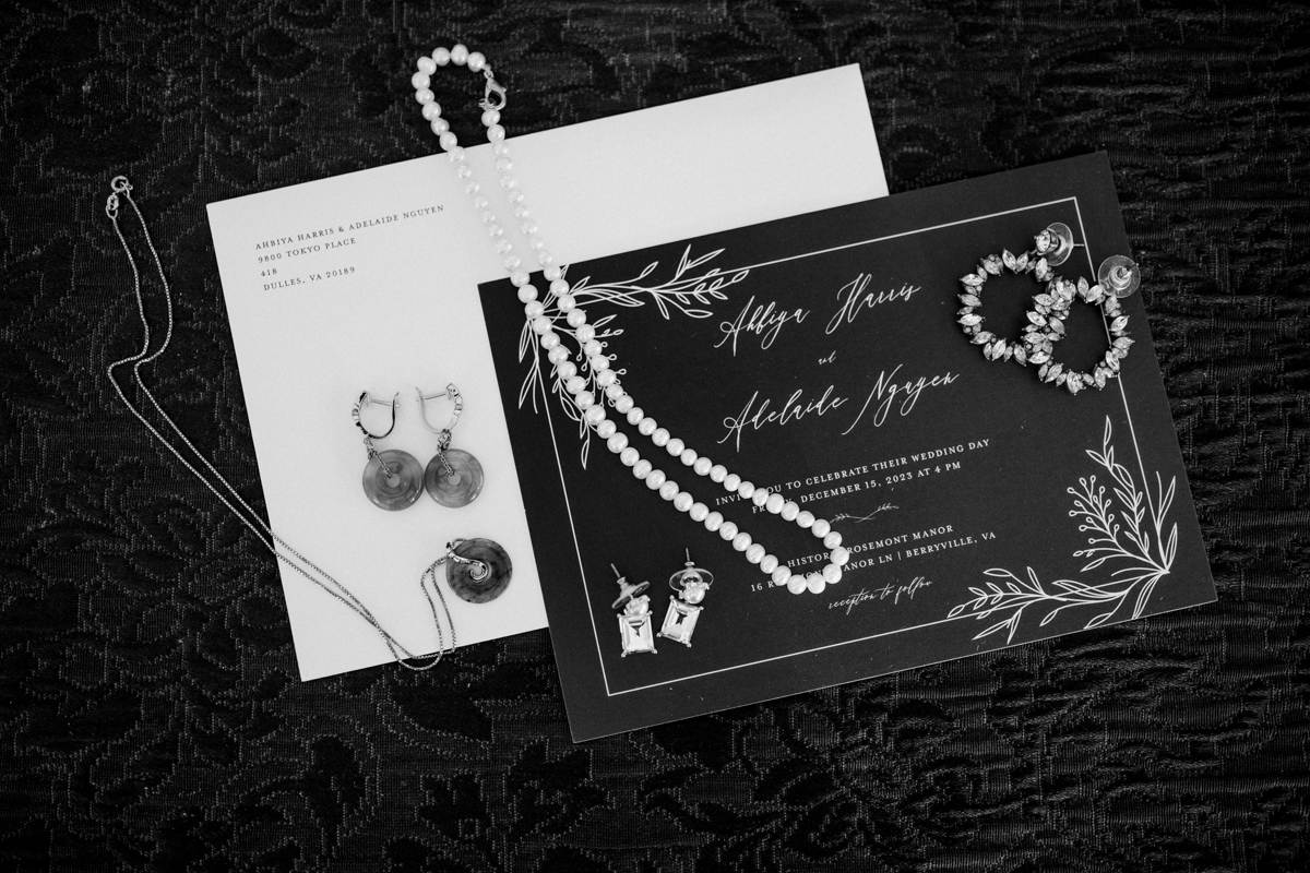 Wedding Invitation and Jewelry, Rosemont Manor, Emily Mar Photography